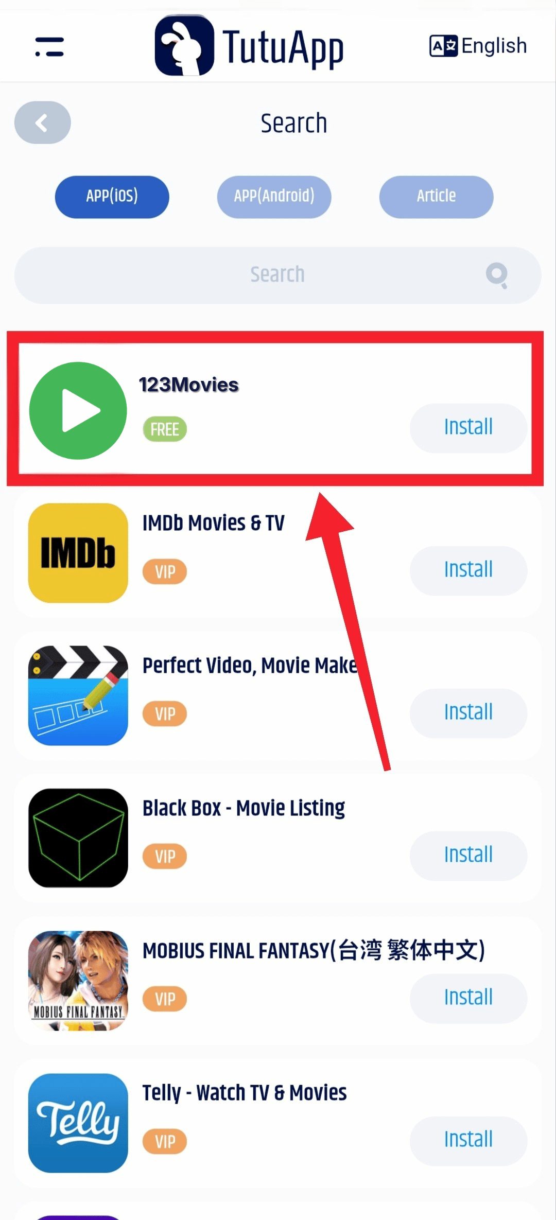 Search for 123Movies in TutuApp